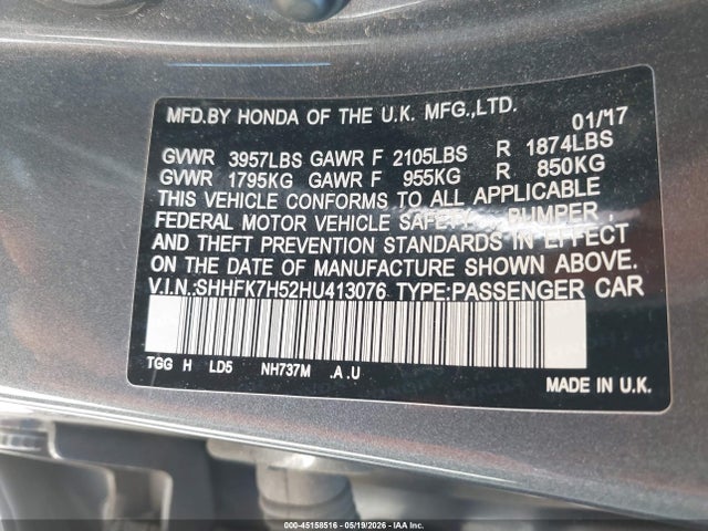 Aukcja sprzedaży 2017 Honda Civic Ex, vin: SHHFK7H52HU413076, numer aukcji: 45158516