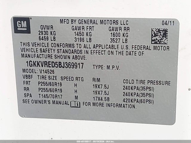 Aukcja sprzedaży 2011 Gmc Acadia Slt-1, vin: 1GKKVRED5BJ369917, numer aukcji: 45158517