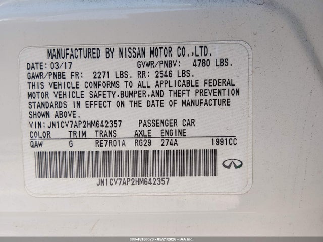 Aukcja sprzedaży 2017 Infiniti Q50 2.0t Base, vin: JN1CV7AP2HM642357, numer aukcji: 45158520