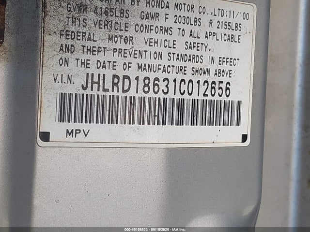 2001 Honda Cr-v Ex მანქანა იყიდება აუქციონზე, vin: JHLRD18631C012656, აუქციონის ნომერი: 45158523