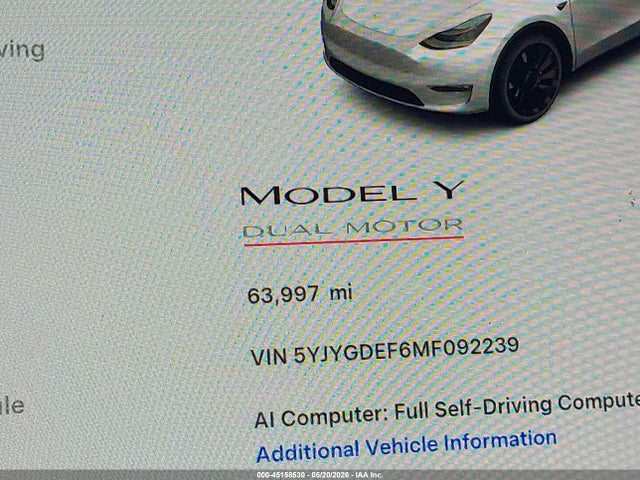 2021 Tesla Model Y Performance Dual Motor All-wheel Drive მანქანა იყიდება აუქციონზე, vin: 5YJYGDEF6MF092239, აუქციონის ნომერი: 45158530