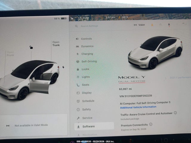 2021 Tesla Model Y Performance Dual Motor All-wheel Drive მანქანა იყიდება აუქციონზე, vin: 5YJYGDEF6MF092239, აუქციონის ნომერი: 45158530