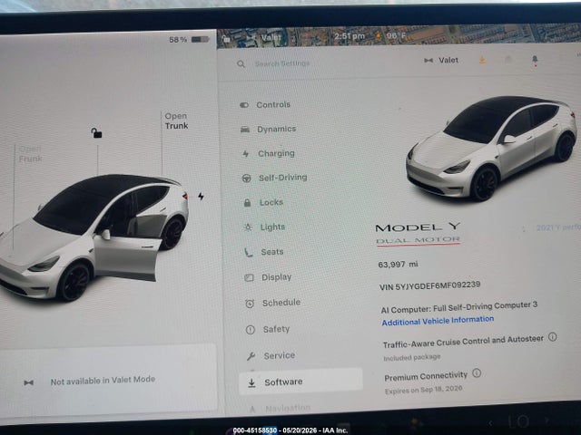 2021 Tesla Model Y Performance Dual Motor All-wheel Drive მანქანა იყიდება აუქციონზე, vin: 5YJYGDEF6MF092239, აუქციონის ნომერი: 45158530