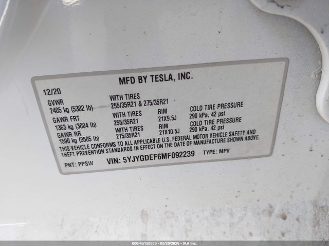 2021 Tesla Model Y Performance Dual Motor All-wheel Drive მანქანა იყიდება აუქციონზე, vin: 5YJYGDEF6MF092239, აუქციონის ნომერი: 45158530