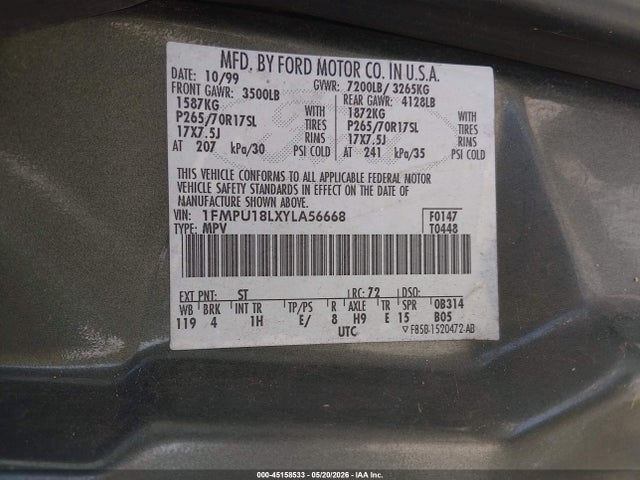 45158533 :رقم المزاد ، 1FMPU18LXYLA56668 vin ، 2000 Ford Expedition Eddie Bauer مزاد بيع