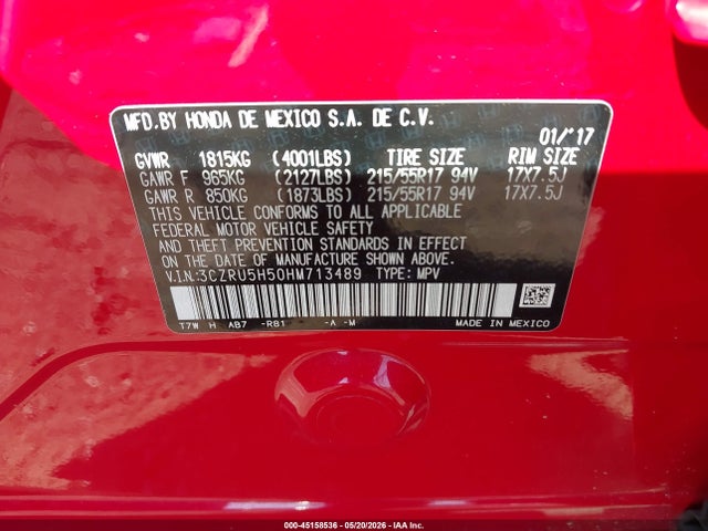 2017 Honda Hr-v Ex მანქანა იყიდება აუქციონზე, vin: 3CZRU5H50HM713489, აუქციონის ნომერი: 45158536