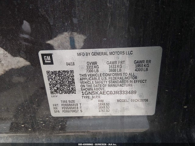 Aukcja sprzedaży 2018 Chevrolet Tahoe Ls, vin: 1GNSKAEC0JR333489, numer aukcji: 45158542
