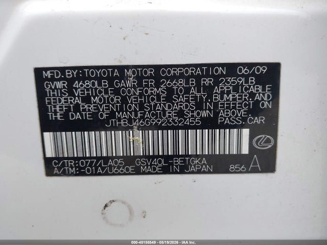 Aukcja sprzedaży 2009 Lexus Es 350, vin: JTHBJ46G992332455, numer aukcji: 45158549