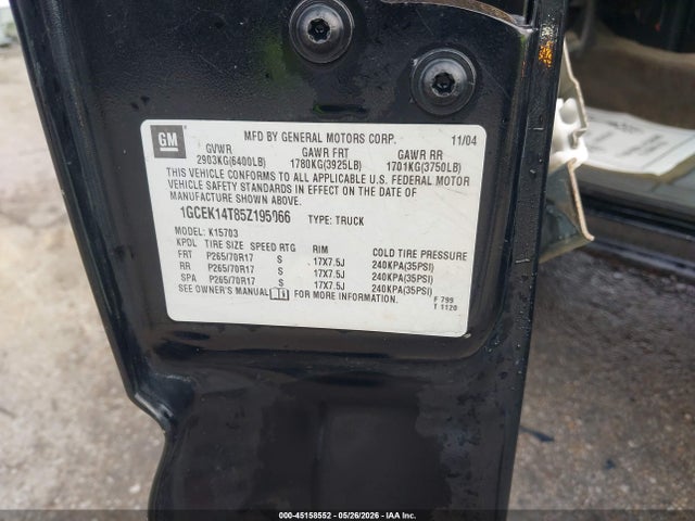2005 Chevrolet Silverado 1500 Z71 მანქანა იყიდება აუქციონზე, vin: 1GCEK14T85Z195066, აუქციონის ნომერი: 45158552