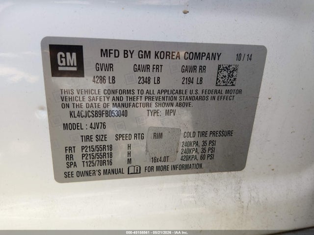 45158561 :رقم المزاد ، KL4CJCSB9FB053040 vin ، 2015 Buick Encore Leather مزاد بيع