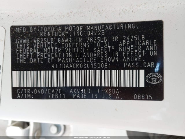 Auction sale of the 2025 Toyota Camry Se, vin: 4T1DAACK0SU150084, lot number: 45158564