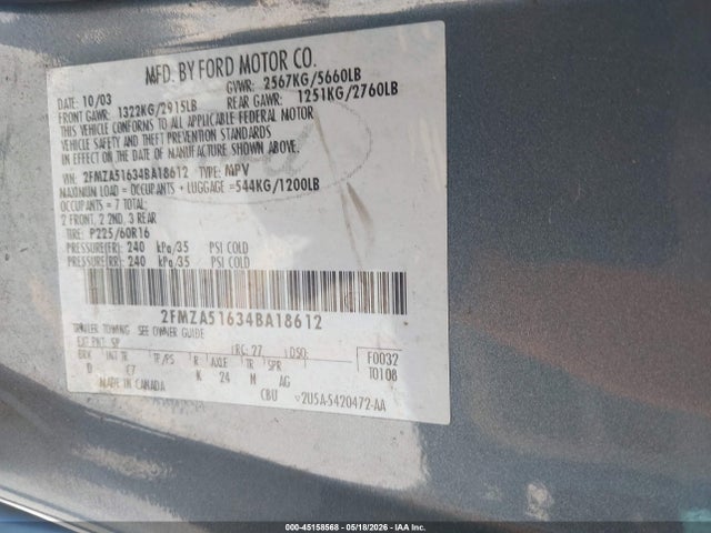 Aukcja sprzedaży 2004 Ford Freestar Se, vin: 2FMZA51634BA18612, numer aukcji: 45158568
