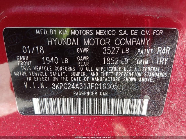 Продаж на аукціоні авто 2018 Hyundai Accent Se, vin: 3KPC24A31JE016305, номер лоту: 45158570