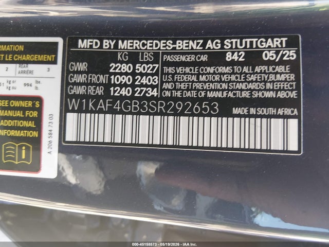 Aukcja sprzedaży 2025 Mercedes-benz C 300, vin: W1KAF4GB3SR292653, numer aukcji: 45158573