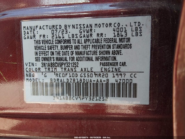 Aukcja sprzedaży 2023 Nissan Sentra Sv Xtronic Cvt, vin: 3N1AB8CV9PY321252, numer aukcji: 45158574