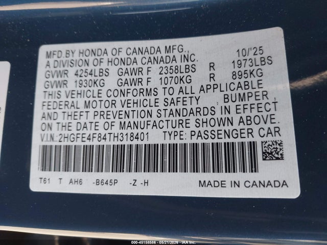 2HGFE4F84TH318401 Honda Civic Hybrid Sport/sport Touring