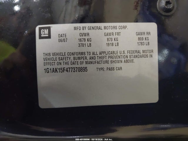Aukcja sprzedaży 2007 Chevrolet Cobalt Ls, vin: 1G1AK15F477370895, numer aukcji: 45158596