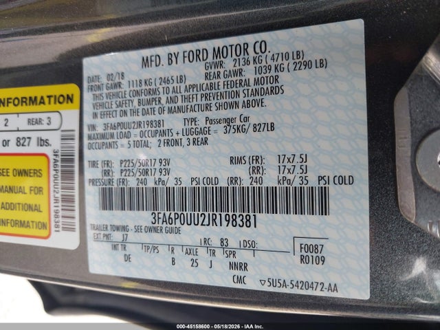 Aukcja sprzedaży 2018 Ford Fusion Hybrid S, vin: 3FA6P0UU2JR198381, numer aukcji: 45158600