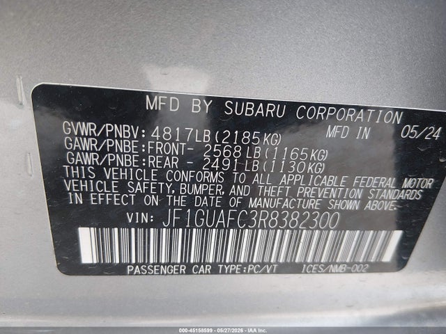 Aukcja sprzedaży 2024 Subaru Impreza Sport 5-door, vin: JF1GUAFC3R8382300, numer aukcji: 45158599