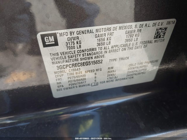 45158603 :رقم المزاد ، 3GCPCREC8EG515652 vin ، 2014 Chevrolet Silverado 1500 1lt مزاد بيع