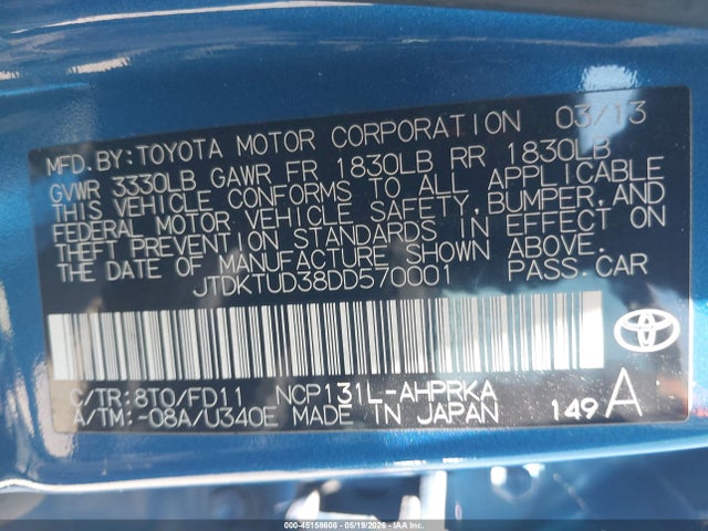 45158608 :رقم المزاد ، JTDKTUD38DD570001 vin ، 2013 Toyota Yaris Se مزاد بيع