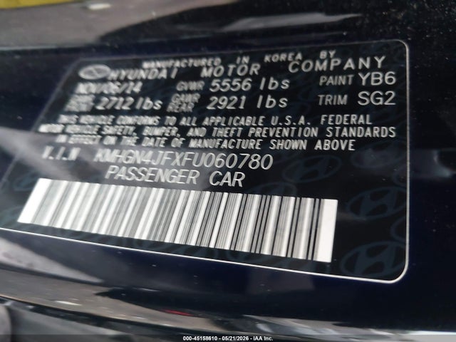 45158610 :رقم المزاد ، KMHGN4JFXFU060780 vin ، 2015 Hyundai Genesis 5.0 مزاد بيع