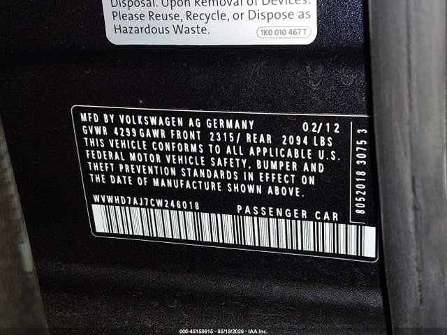 2012 Volkswagen Gti 4-door მანქანა იყიდება აუქციონზე, vin: WVWHD7AJ7CW246018, აუქციონის ნომერი: 45158615