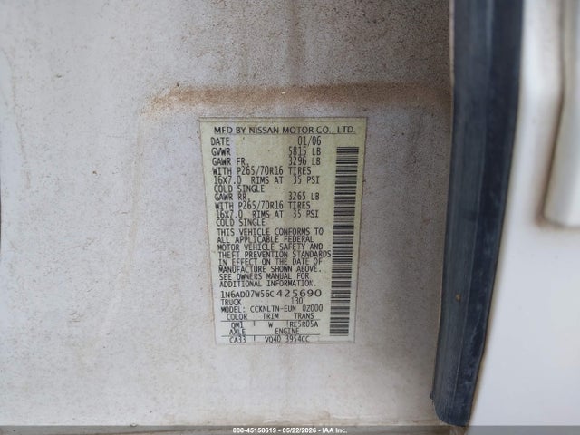 Продажа на аукционе авто 2006 Nissan Frontier Se, vin: 1N6AD07W56C425690, номер лота: 45158619