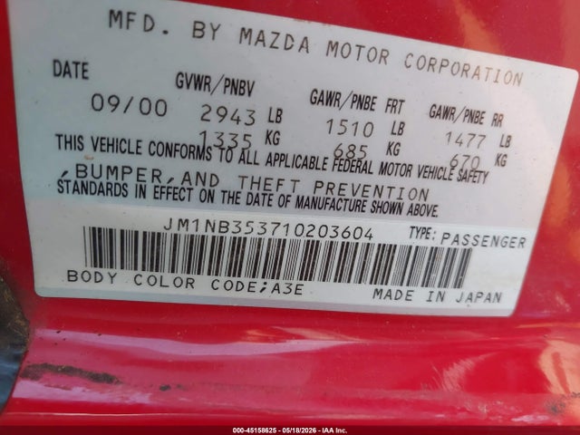 2001 Mazda Mx-5 Miata Ls/special Edition მანქანა იყიდება აუქციონზე, vin: JM1NB353710203604, აუქციონის ნომერი: 45158625