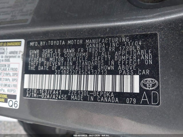 45158628 :رقم المزاد ، 2T1BR32EX5C413713 vin ، 2005 Toyota Corolla Ce مزاد بيع