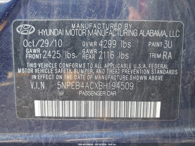 Продажа на аукционе авто 2011 Hyundai Sonata Gls, vin: 5NPEB4ACXBH194509, номер лота: 45158636