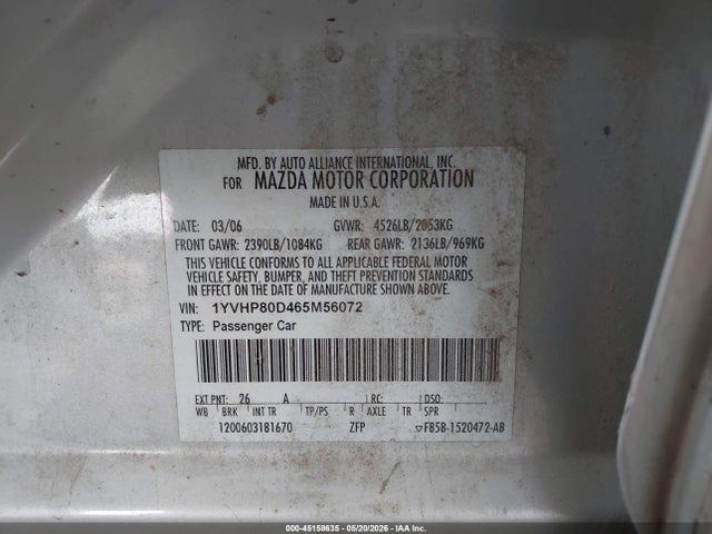 Продажа на аукционе авто 2006 Mazda Mazda6 S, vin: 1YVHP80D465M56072, номер лота: 45158635