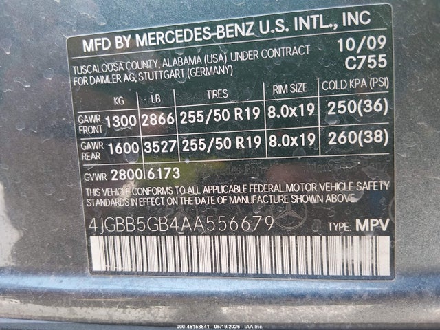 Aukcja sprzedaży 2010 Mercedes-benz Ml 350, vin: 4JGBB5GB4AA556679, numer aukcji: 45158641