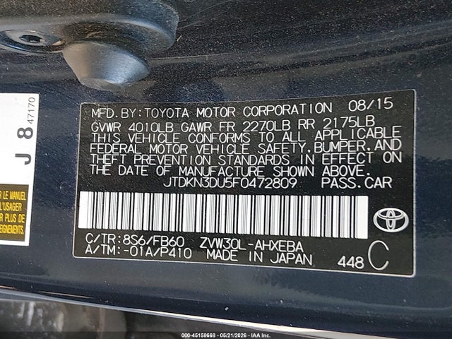Aukcja sprzedaży 2015 Toyota Prius Two, vin: JTDKN3DU5F0472809, numer aukcji: 45158668