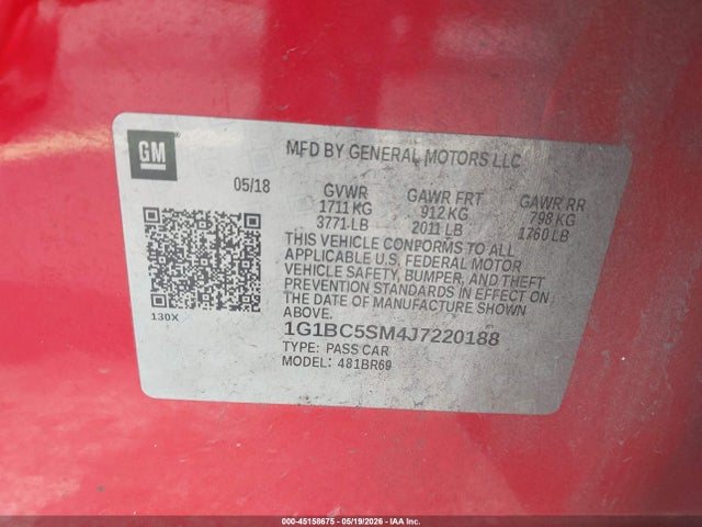 2018 Chevrolet Cruze Ls Auto მანქანა იყიდება აუქციონზე, vin: 1G1BC5SM4J7220188, აუქციონის ნომერი: 45158675