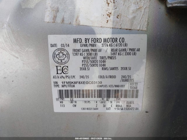 45158682 :رقم المزاد ، 1FM5K8F8XEGC03130 vin ، 2014 Ford Explorer Limited مزاد بيع