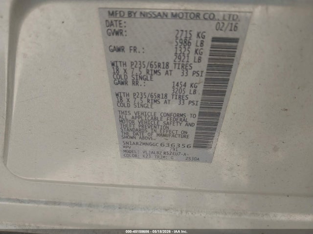 Продаж на аукціоні авто 2016 Nissan Pathfinder Platinum/s/sl/sv, vin: 5N1AR2MN6GC636356, номер лоту: 45158686