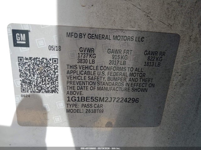 45158688 :رقم المزاد ، 1G1BE5SM2J7224296 vin ، 2018 Chevrolet Cruze Lt Auto مزاد بيع