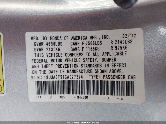 45158695 :رقم المزاد ، 19UUA8F51CA027224 vin ، 2012 Acura Tl 3.5 مزاد بيع