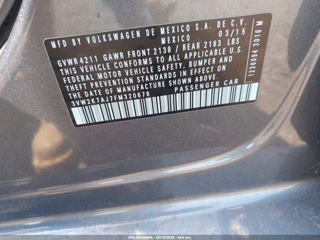 45158696 :رقم المزاد ، 3VW2K7AJ7FM320678 vin ، 2015 Volkswagen Jetta 2.0l S مزاد بيع