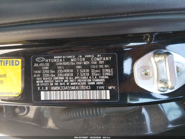 45158697 :رقم المزاد ، KM8K33A55MU618243 vin ، 2021 Hyundai Kona Limited مزاد بيع