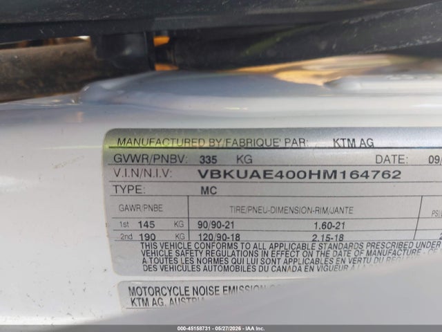 2017 Husqvarna Fe250 მანქანა იყიდება აუქციონზე, vin: VBKUAE400HM164762, აუქციონის ნომერი: 45158731