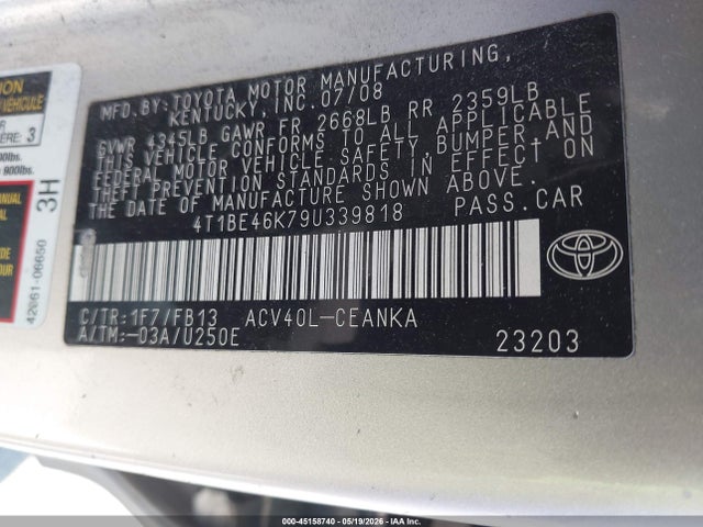 Aukcja sprzedaży 2009 Toyota Camry, vin: 4T1BE46K79U339818, numer aukcji: 45158740