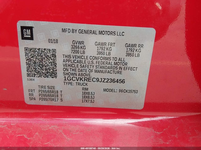 Aukcja sprzedaży 2018 Chevrolet Silverado 1500 2lt, vin: 1GCVKREC9JZ236456, numer aukcji: 45158745
