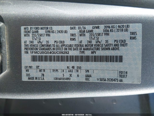 Продаж на аукціоні авто 2016 Ford Escape Se, vin: 1FMCU0GX4GUC09292, номер лоту: 45158746