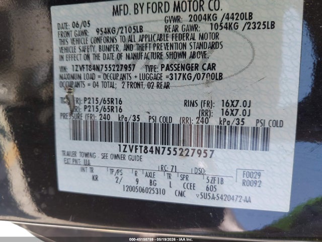 2005 Ford Mustang მანქანა იყიდება აუქციონზე, vin: 1ZVFT84N755227957, აუქციონის ნომერი: 45158759