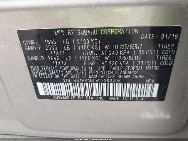 45158782 :رقم المزاد ، 4S4BSAHC4K3302296 vin ، 2019 Subaru Outback 2.5i Premium مزاد بيع
