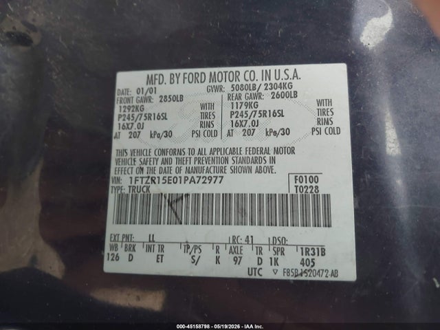 Продажа на аукционе авто 2001 Ford Ranger Edge/xlt, vin: 1FTZR15E01PA72977, номер лота: 45158798