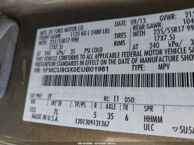 Aukcja sprzedaży 2014 Ford Escape Se, vin: 1FMCU9GX0EUB01981, numer aukcji: 45158808