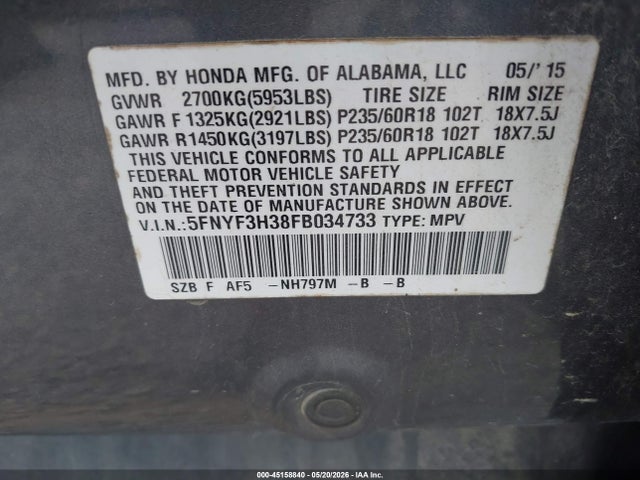 Honda PILOT SE 2015 5FNYF3H38FB034733 Image 9